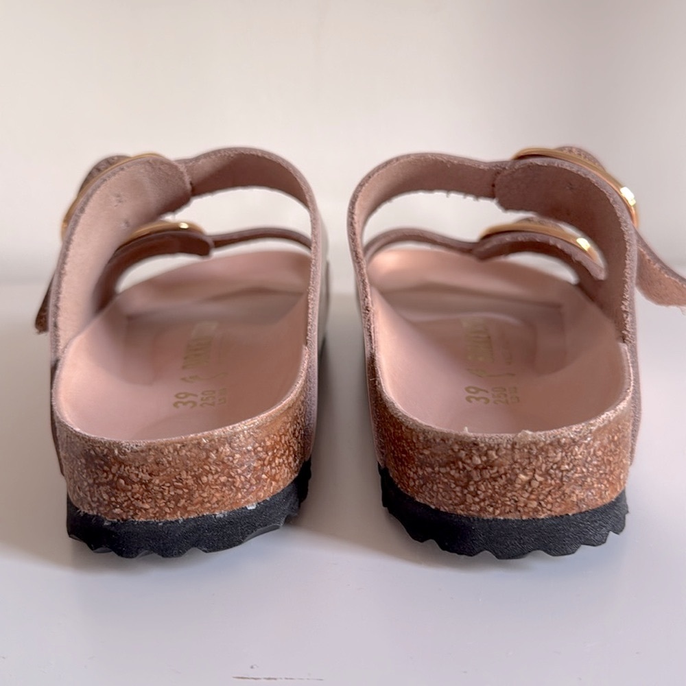 BIRKENSTOCK Arizona Big Buckle High Shine Leather Slide Sandals Nude 39 8-8.5 - Picture 10 of 16